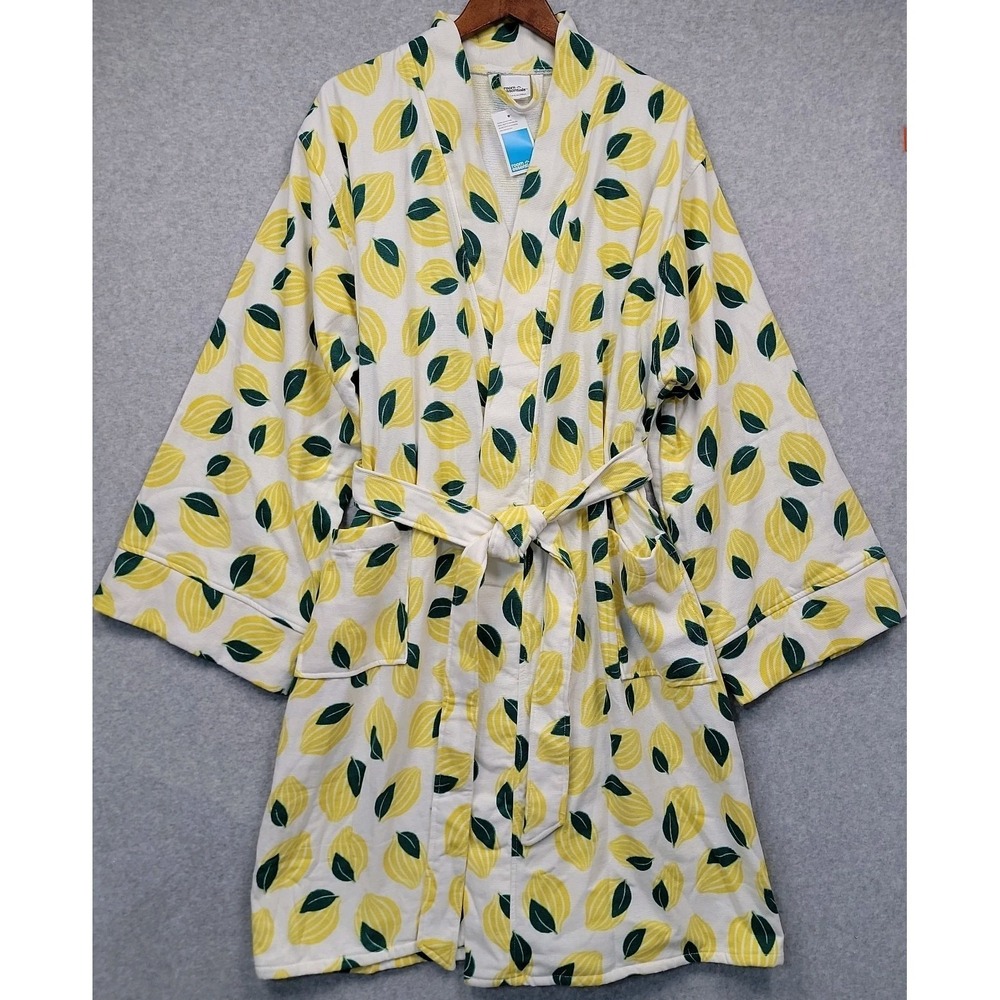 NEW Room Essentials Lemon Bath Robe Unisex L/XL White Yellow Cotton Kimono Style